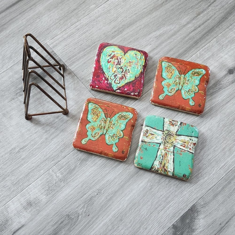 Rustic Art Deco Ceramic Resin Coated Coaster Set W/ Metal Stand